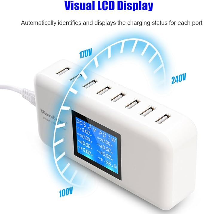 60W/12A 8-Port Desktop Charging Station Multiple USB, Multi Port Travel Fast Wall Charger Hub with LCD for Smart Phones, Tablet and More (White)