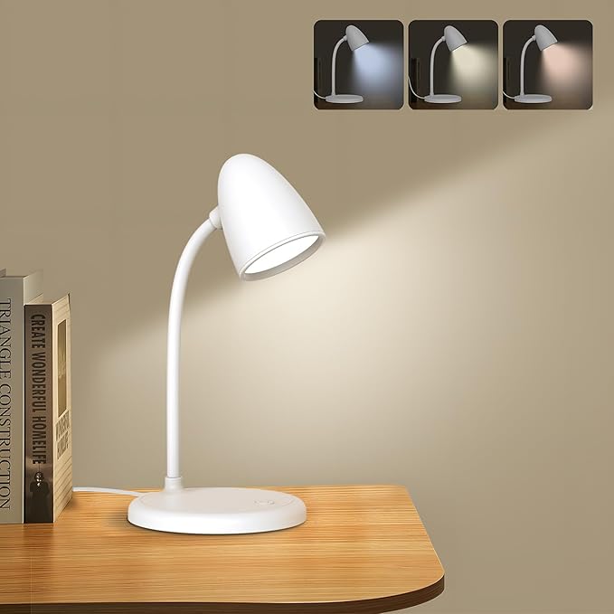 LED Desk Lamp for Home Office,3 Light Colors,Flexible Gooseneck Table Lamp,Dimmable Reading Light for Bedside Small Desk Lamp for College Dorm Room,Bedroom Desk Light,White