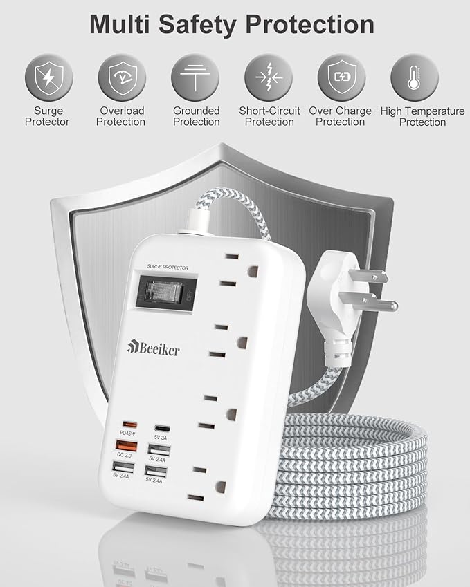 45W USB C Travel Power Strip- PD 45W Fast Charging Station with 6 USB(2 USB C) Ports and 4 Outlets,5Ft Flat Plug Braided Extension Cord Surge Protector for MacBook Laptops iPad Pro iPhone Samsung 13A