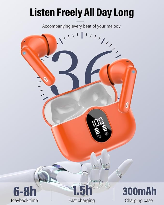 Wireless Earbuds, Bluetooth 5.4 Headphones Bass Stereo, Ear Buds with Noise Cancelling Mic, LED Display in Ear Earphones Clear Calls, IP7 Waterproof Bluetooth Earbuds for Laptop/Phones/Sports, Orange
