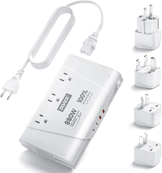 DOACE 800W Universal Travel Adapter: 220V to 110V Pure Sine Wave, EU Step-Down Transformer for 200+ Countries, 3 Outlets & 4 USB, Compatible with Phones, Hair Straighteners, Cameras, Laptop