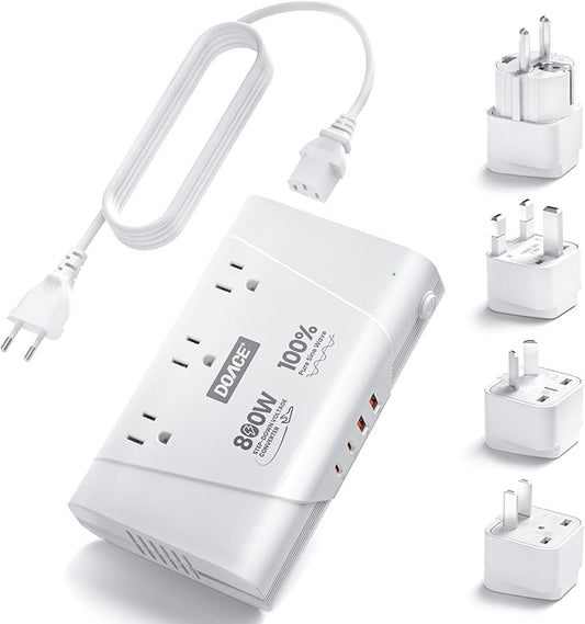 DOACE 800W Universal Travel Adapter: 220V to 110V Pure Sine Wave, EU Step-Down Transformer for 200+ Countries, 3 Outlets & 4 USB, Compatible with Phones, Hair Straighteners, Cameras, Laptop