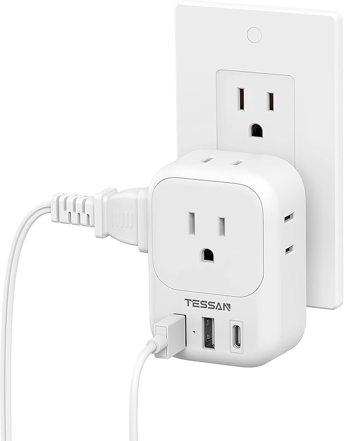 USB Wall Charger, TESSAN Wall Plug Adapter Outlet Extender, 3 Charger Block (1 USB C Port), Multi Charging Station for Cruise, Bathroom, Office, Dorm Essentials, White