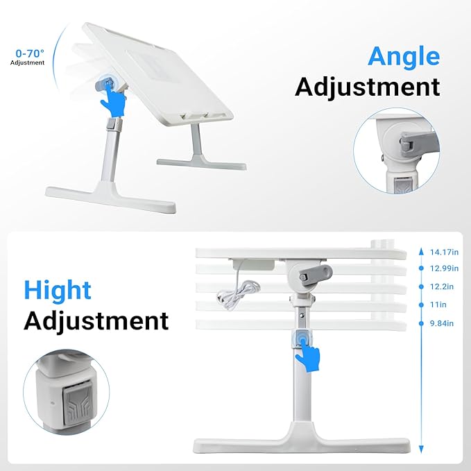 Laptop Lap Desk with Cooling Fan - Adjustable with Light, USB, Storage Drawer - Folding Bed Desk,22.04"*12.59",White