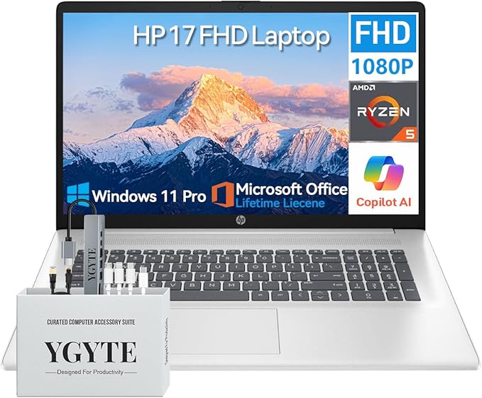 HP 2025 17 Inch Laptop Computer | 17.3" FHD IPS Business Laptop PC | AMD Ryzen 5 (6-Cores) | 64GB RAM 1TB SSD | Windows 11 Pro Lifetime Office | 10-Key Numbe Pad | USB-C Wi-Fi 6