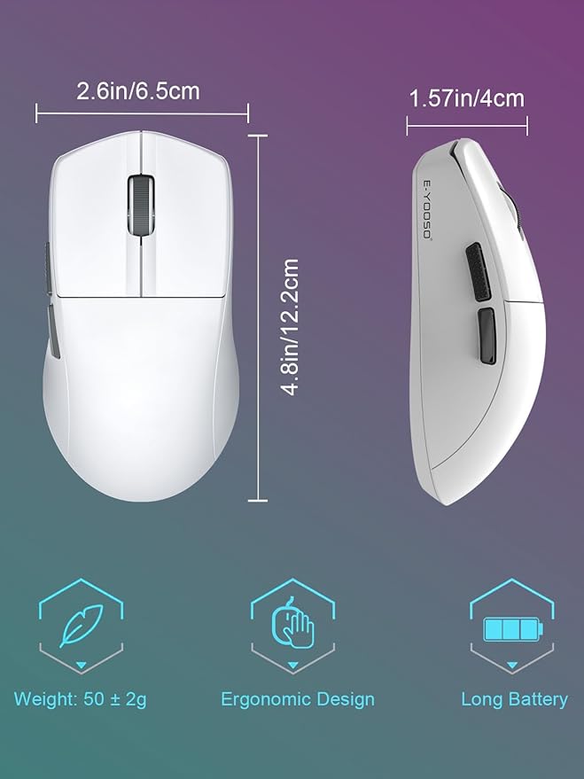 E-YOOSO Lightweight Wireless Gaming Mouse, Tri-Modes Wireless Esports Mouse with 5 Programmable Buttons, 4000 DPI, Long Battery Life, Ultra-Thin Ergonomic Design for PC & Mac Gamers