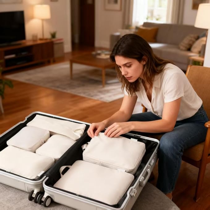 6-piece travel compression packaging cube - foldable travel bag expandable, luggage storage bag. (beige)