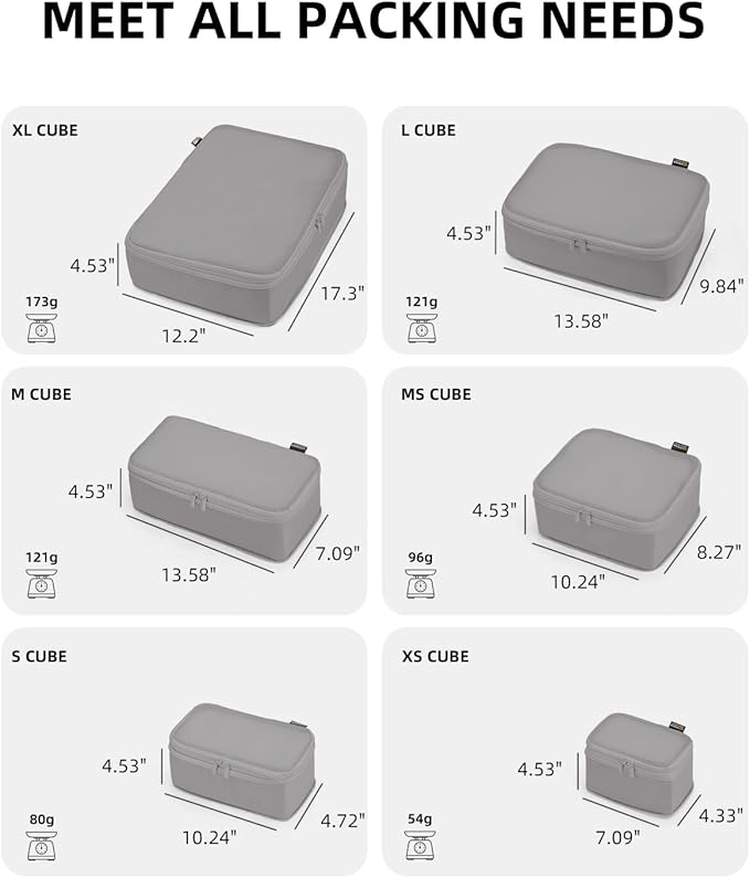 6 Set Compression Packing Cubes, Suitcase Storage Bags for Clothes and Travel Essentials (Silver Gray)