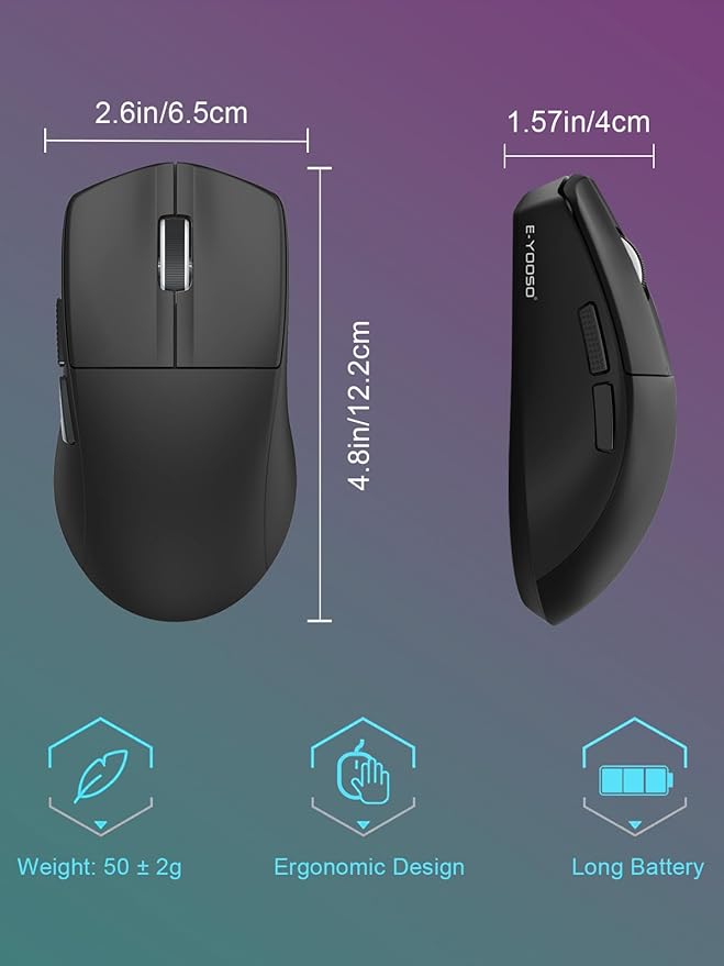 E-YOOSO Lightweight Wireless Gaming Mouse, Tri-Modes Wireless Esports Mouse with 5 Programmable Buttons, 4000 DPI, Long Battery Life, Ultra-Thin Ergonomic Design for PC & Mac Gamers (Black)