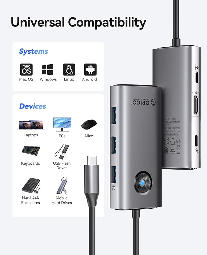 ORICO 6-in-1 USB C Docking Station with 4K HDMI, 3 USB-A 3.0 & 1 USB-C 3.0 Ports (5 Gbps), 100W PD Charging, Multiport Adapter for Windows, Mac