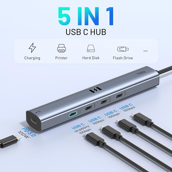 10Gbps USB C Hub with 4K@60Hz Video Display, Selore 5 Ports USB C Splitter, C Port Data Transfer, 100W PD-in Charging, Dongle Multiport Adapter for MacBook Pro, iPad, Dell, HP, and More