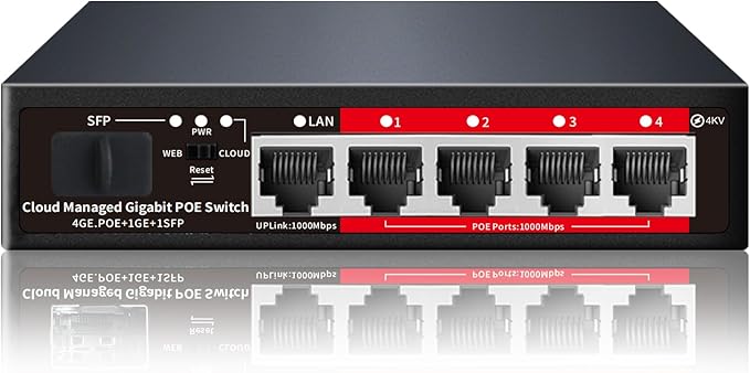 Poe Switch, 5 Port Gigabit PoE+ Switch, Cloud Managed Gigabit Ethernet Switch, 4 Poe Ports @52W, 1 Uplink Ports, 1 SFP Slot, APP Smart Managed, Overload Protection w/ Port