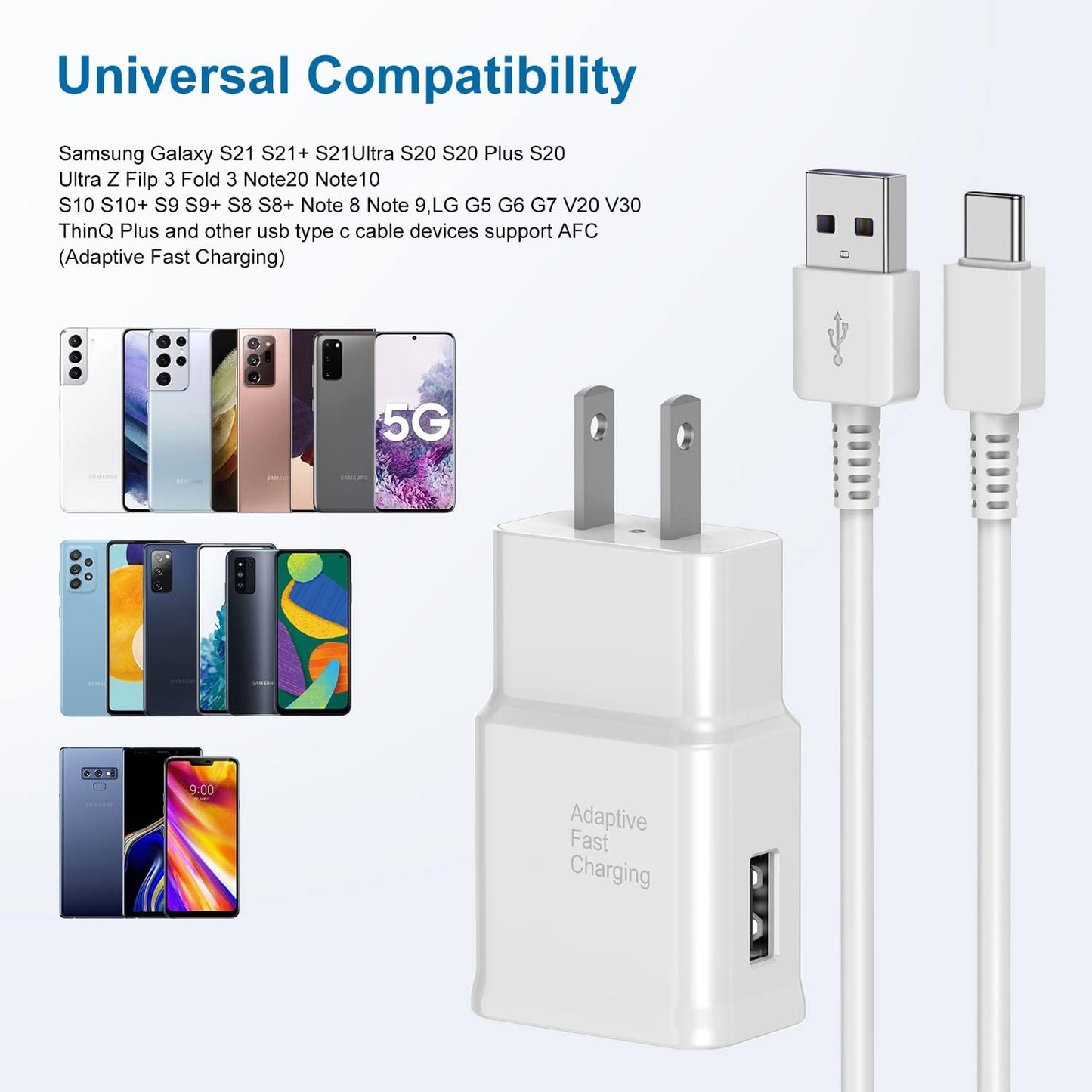 Super Fast Charger Type C, 2 Pack USB C Android Phone Wall Charger Block & 6ft Charging Cable Cord, for Samsung Galaxy S8 / S9 / S10 Plus Active S10e, S20 / S21 Ultra Plus, Note 8 9 10, Pixel 3 etc