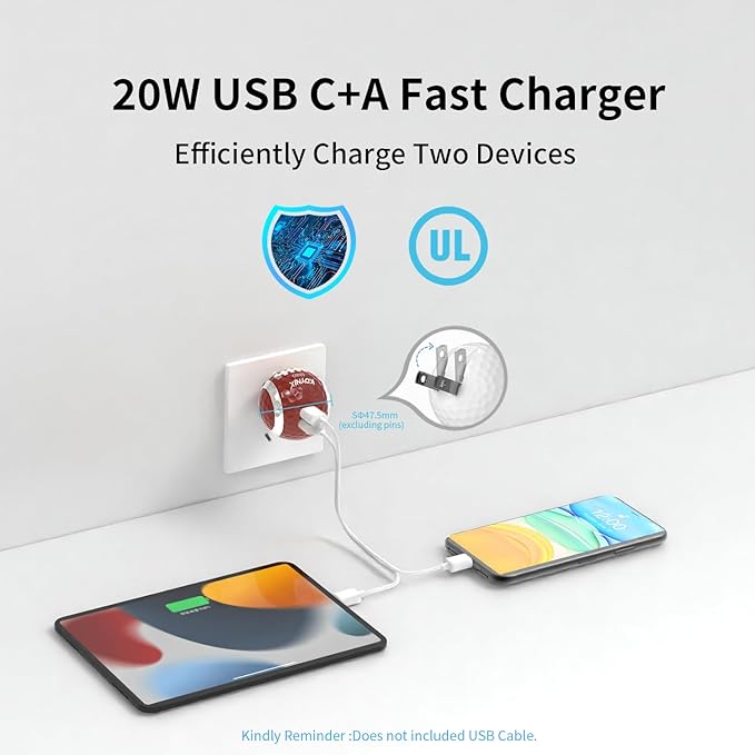 20W Dual Port Creative Golf Ball Charger Block， GaN III Power Adapter Fast Wall Charger with UL Certified, Fast Charging for iPhone 16/16 Pro/16 Pro Max/16 Plus/15/14/13/12, Galaxy, iPad, Airpods