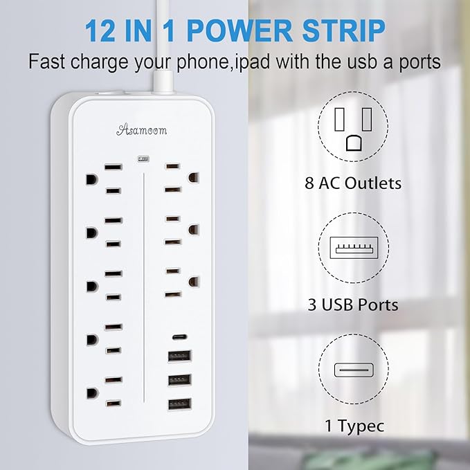 20FT Surge Protector Power Strip Extension Cord with USB C, Asamoom Flat Plug Power Strip with Long Cord, 8 Outlets and 3 USB-A & 1 USB-C Port,1700J for Wall Mount Desk White, ETL Listed