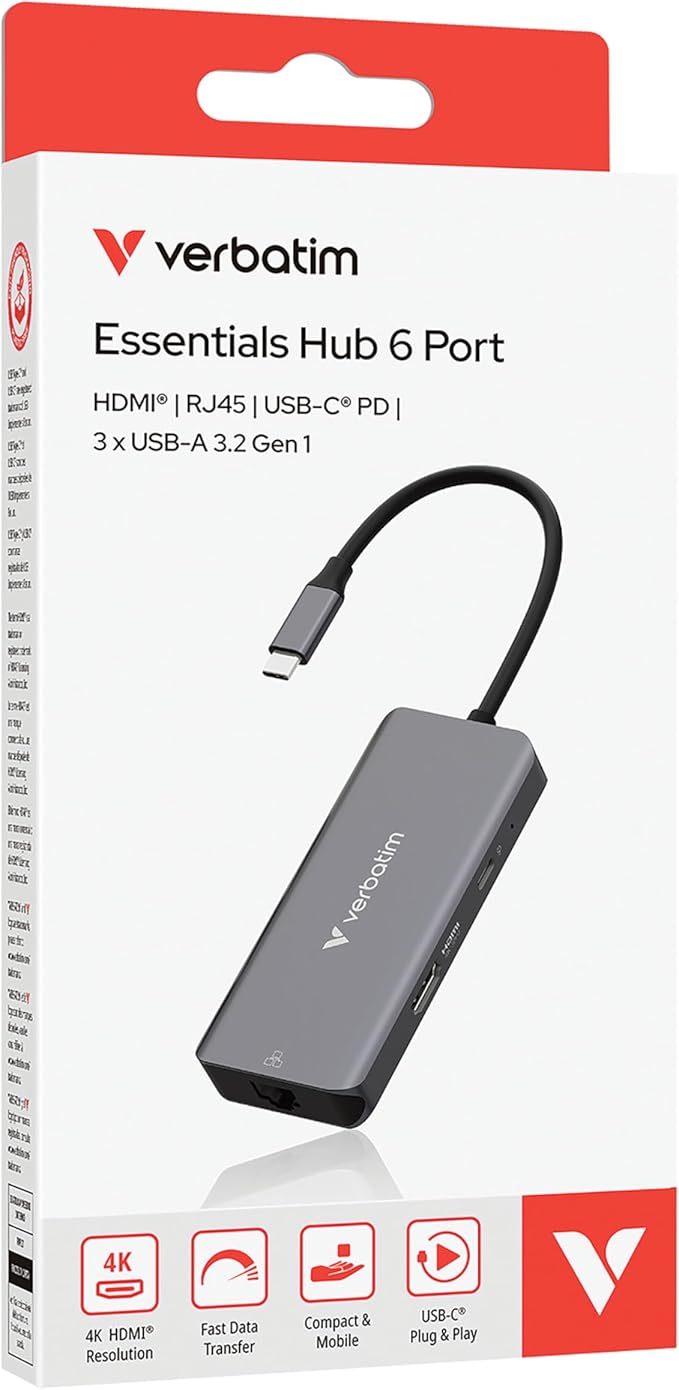 Verbatim USB-C Essentials Multiport Hub– 6 Ports: (3) USB-A 3.0/3.2 Gen 1, (1) USB-C 3.0/3.2 Gen 1, RJ45 Ethernet, 4K HDMI and Up to 100W Power Delivery