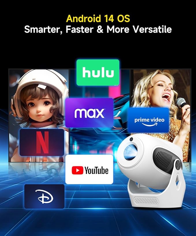 【Electric Focus】Projector with WiFi 6 and Bluetooth 5.0, Mini Portable Native 720P with 4K Support, Smart Proyector Built in Android 14, Auto Vertical Keystone, Home Movie Projectors for Outdoor