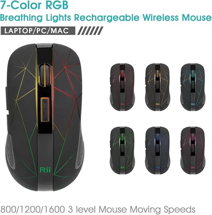Rii LED Wireless Mouse,2.4G Ergonomic Optical Mouse with USB Receiver,Rechargeable Portable Computer Mice for PC,Mac,Tablet,Chromebook,Notebook,Laptop-Black (New)