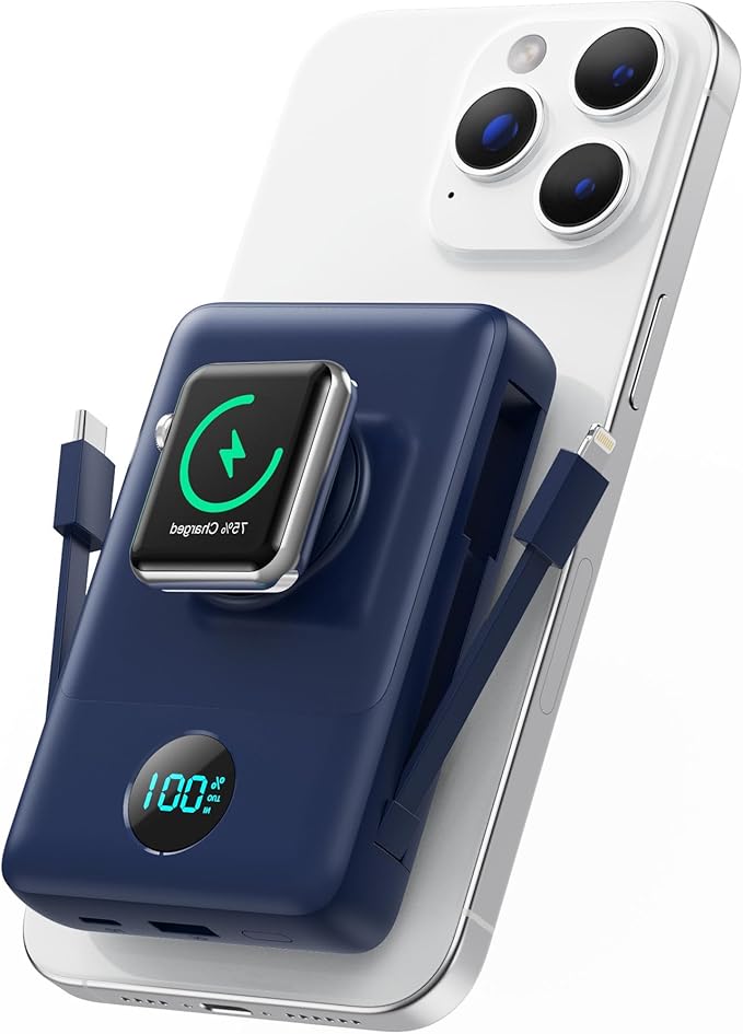Magnetic Portable Charger for iPhone with Built-in Cables, 6-in-1 10800mAh Power Bank with iWatch Charger & LCD Display,25W Fast Charging Battery Pack for iPhone 16/15/14/13/12,Apple Watch (Blue)