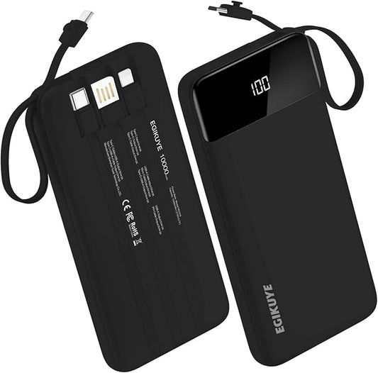 Power Bank 10000mAh Portable Charger with 4 Built-in Cables, Type-C in & Out Phone Charger, External Battery Charger Pack & Travel Essential for iPhone 16/15/14, Samsung, iPad, Android