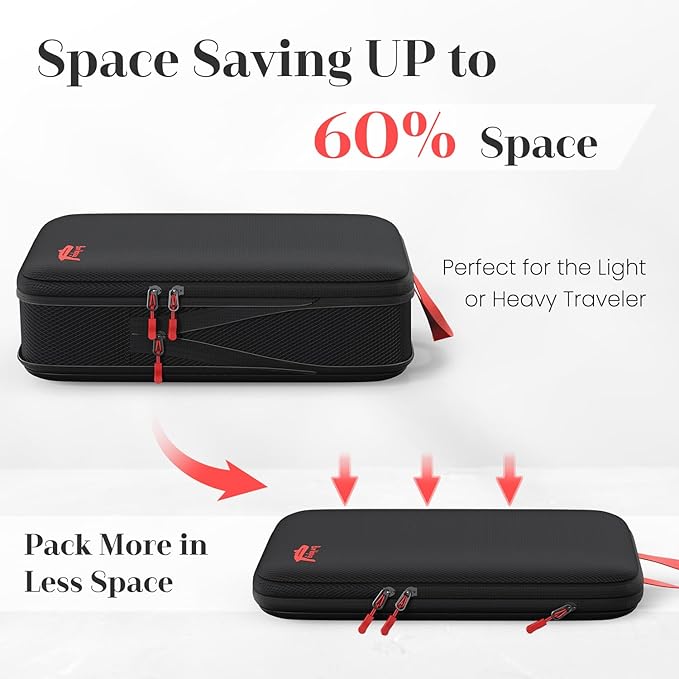 11 Set Compression Packing Cubes for Travel, Waterproof Organizer Set with Hanging Underwear & Toiletry Bag, Shoe/Boot Bag, Hair Tools Organizer, Laundry Bag & Digital Pouch (Black)