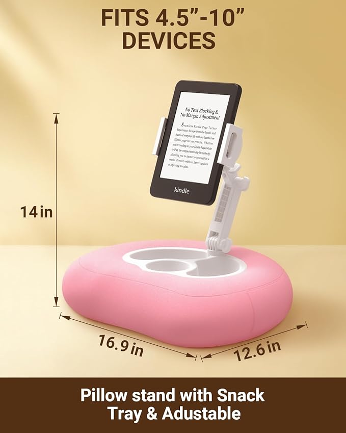 Kindle Pillow Stand for Bed, Adjustable Tablet & Phone Holder for iPad, Kindle, Couch – Snack & Drink Holders, 50 Disposable Liners & Washable Pillow Cover(Pink)