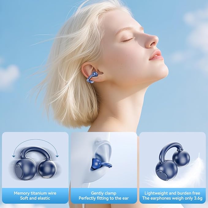 Open Ear Earbuds, Bluetooth 5.4 Clip On Headphones,with Mic, 56H Playtime, IPX5 Waterproof, Clip-On Fit, Clear Audio, for Small Ears, Workout Sports Running(Dark Blue)