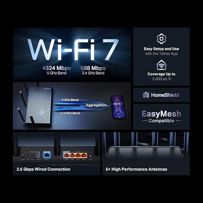 TP-Link Dual-Band BE5000 WiFi 7 Router Archer BE260 | 5-Stream 5Gbps | 1×2.5G WAN+1×2.5GLAN+3×1G Ports, USB 3.0 | 5 External Antennas | VPN Clients & Server | Easy-Mesh, HomeShield, MLO, Private IOT