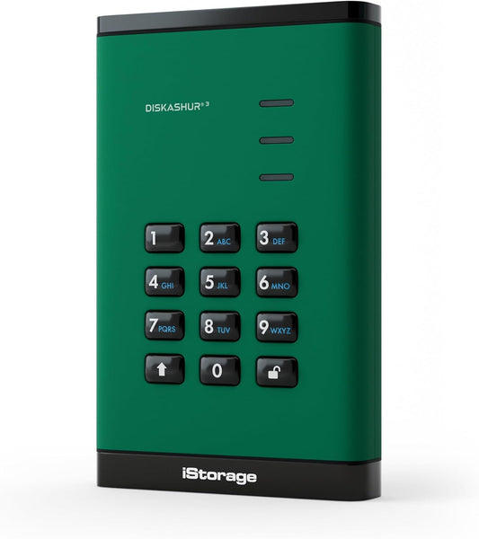 iStorage diskAshur3 HDD 5TB Green - Secure Portable Hard Drive - Password Protected - Dust & Water Resistant - Hardware Encryption