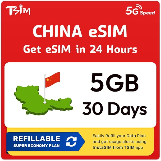 TSIM China eSIM 30 Days | 5GB High Speed Data | Auto Activating | Hotspot Sharing Allowed | eSIM QR Code Sent by email Within 24Hrs of Shipping | Scan QR Code and use Immediately | Data Only No Voice