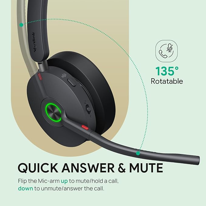 Yealink BH74 ANC Wireless Bluetooth Headset with Mic for Work, 6-mics Hybrid ANC Tech, Microsoft Teams Premium Open Ofﬁce Certified Headsets, up to 32h Talking Battery Life, Zoom Certified