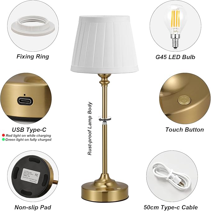 Cordless Table Lamp Rechargeable Gold - 1 Pack Brass 4000mAH Battery Operated Lamp for Decor, 3000K Stepless Dimming Touch Control Wireless Lamp for Bedroom, Dining Table, Counter, Living Room