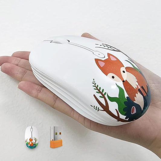 Cute Wireless Mouse, Dual Mode, Bluetooth & 2.4GHz USB Receiver, Silent Clicks, AA-Battery Powered, Handy & Durable, Lovely Little Fox Pattern for Kids and Students on Laptops, Mac, iPad, PC