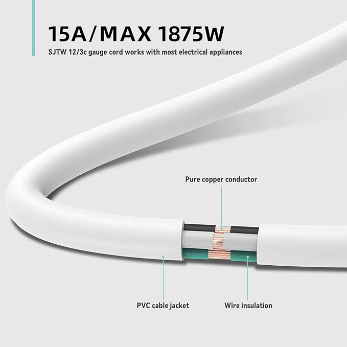 12ft Indoor Outdoor Extension Cord - 12/3 SJTW Heavy Duty Extension Cable with 3 Prong Grounded Plug for Safety -15Amp 1875W White Electric Cord Great for Garden, Appliances