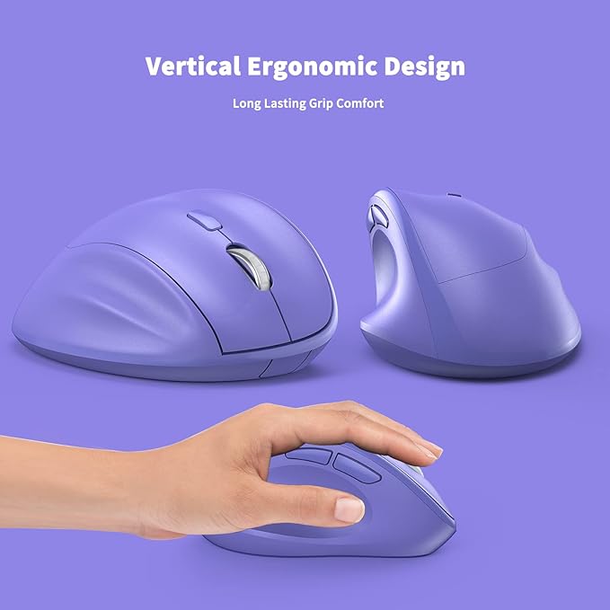 Ergonomic Wireless Mouse with USB Receiver for PC Computer, Laptop and Desktop, Ergo Mouse Vertical with Silent Clicks Long Battery Life, Up to 1600 DPI & 1 AA Battery Powered, Purple