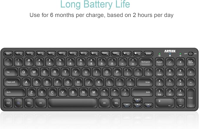 Arteck 2.4G Wireless Keyboard Ultra Slim Full Size Keyboard with Numeric Keypad and Media Hotkey for Computer/Desktop/PC/Laptop/Surface/Smart TV and Windows 10/8/ 7 Built-in Rechargeable Battery