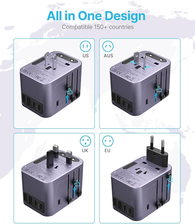 Universal Travel Adapter, VINTAR International Power Adapter with 6A 3 USB C and 2 USB Ports, All in One Travel Essentials Plug Adapter, Worldwide Outlet Converter for Europe UK USA AUS(Type C/G/A/I)