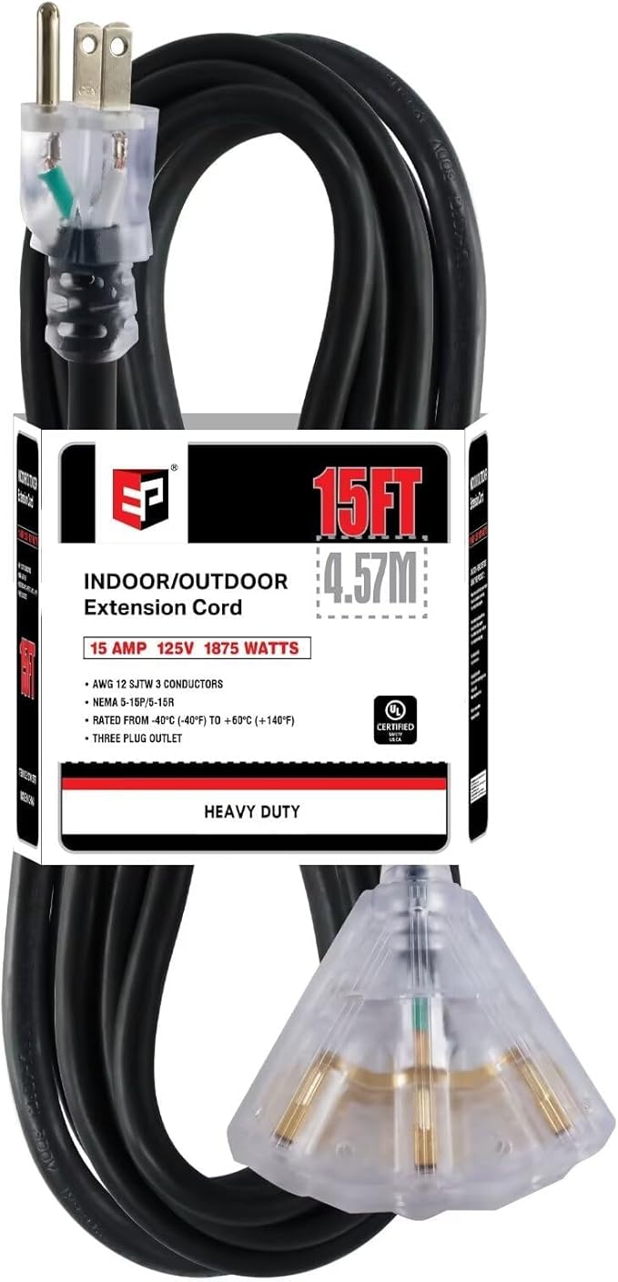 EP 15 Ft 12 Gauge Heavy Duty Extension Cord, 15A 125V 1875W, 3 Outlet Indoor/Outdoor Power Cord with Lighted End, 12/3 SJTW Weatherproof Black, UL Listed