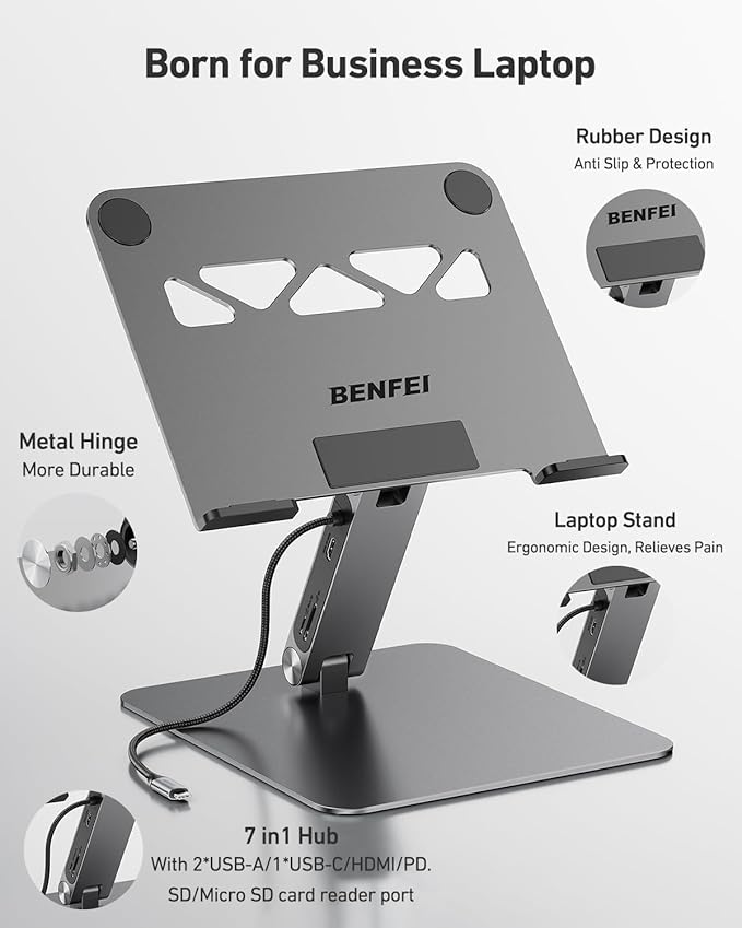 BENFEI Laptop Stand with USB C 7in1 Docking Station,HDMI 4K@60Hz,1*SD 1*Micro SD,100W Power Delivery,10Gbps 1*USB C 3.2 and 2*USB A 3.2 Compatible with MacBook Pro/Air, iPad Pro, XPS, Thinkpad