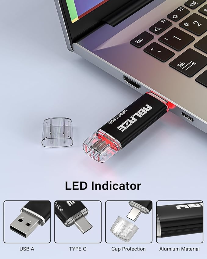 ABLAZE 8GB Type C Flash Drive 10 Pack, Dual USB 2.0+USB C Memory Stick Thumb Drive Compatible with iPhone 16/15, Android Smartphone, Computers, Tablets, Mac,iPad,PC