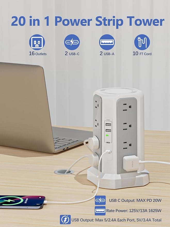 Surge Protector Power Strip Tower,10FT Long Extension Cord with Multiple Outlets 1625W 13A, Desk Charging Station with 16 Outlets and 4 USB Ports for Home, Office Desk Supplies, Dorm Room