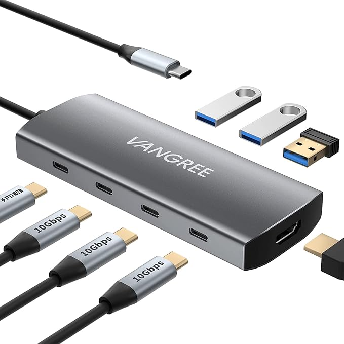 VANGREE USB C Hub, 3 USB 3.2 Gen 2 Ports with 10Gbps, 4K@60Hz HDMI, 100W Power Delivery, 3 USB-A 3.0 Ports, USB C Splitter Multiport Adapter Extender for MacBook Pro/Air, iPad Pro, Mac mini and More