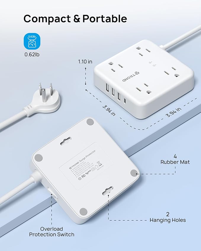 TROND Surge Protector Power Strip with USB Ports, 5ft Flat Plug Extension Cord with Multiple Outlets, 1440J, Wall Mount for Home Office Dorm Room Essentials, White