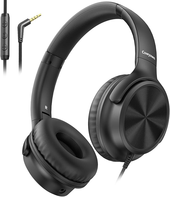 Over Ear Headphones Wired, 3.5mm Foldable Wired Headphones with Microphone, Volume Control, HD Stereo Sound, Lightweight Headphones for Adult/Teens/Chromebooks/Laptop/Computer/Tablets, Black