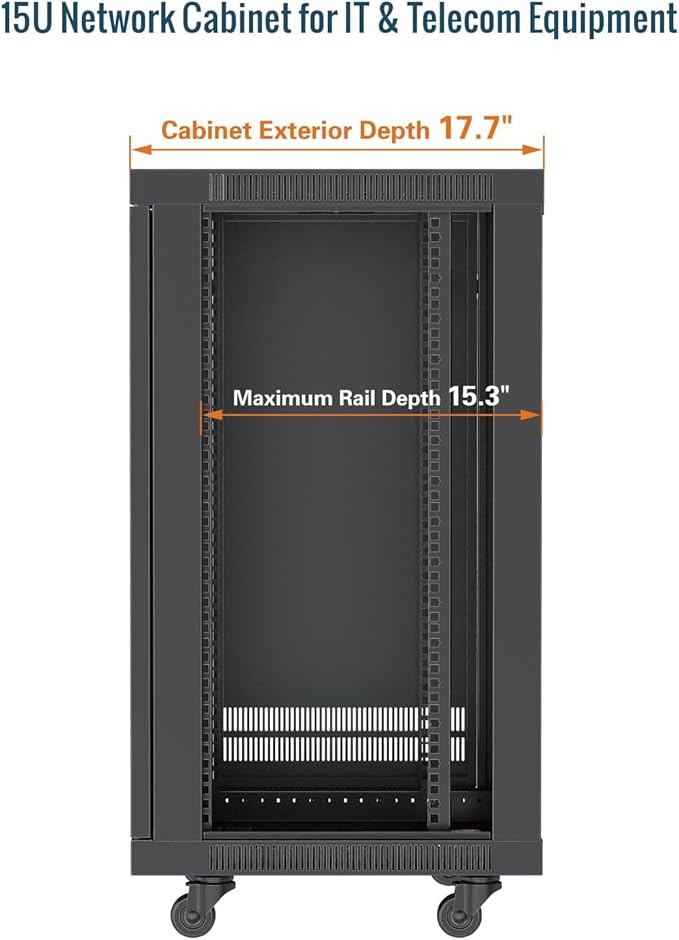 Tecmojo 15U Wall Mount Rack,15U Rack 17.7 Inch Depth,Hold Up to 176 Lbs,Enclosed Wall Mount Rack Kit for 19 Inch Network,Server and AV Gear,Glass Door(Elite Collection)