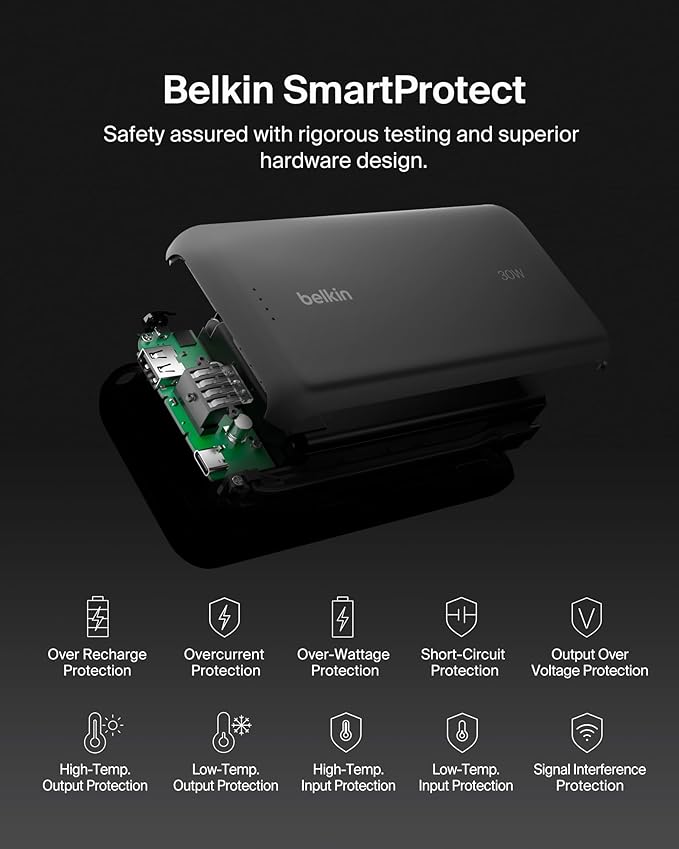 Belkin Portable Charger, Power Bank with Integrated Cable 20000 mAh 30W - Fast Charging USB C Power Delivery, iPhone Charger - iPhone 17, Air, Pro, Pro Max, iPad, Galaxy S25, & More - Black