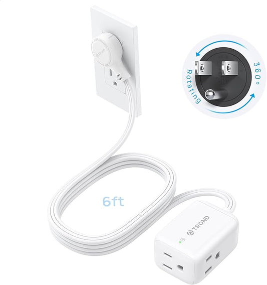 TROND 360° Rotating Flat Plug Extension Cord Surge Protector 6ft, Small Power Strip with 900 Joules, 3 Side Grounded Outlets, 13A, SPT 16/3 Gauge Wire, for Indoor Home Office Dorm Room Travel, White