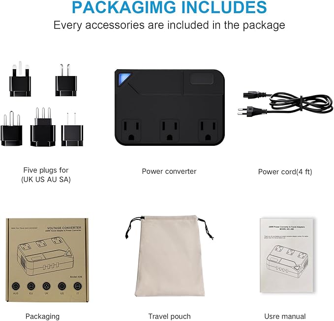 250 Watt Travel Voltage Converter, 100V-220V Travel Voltage Converter for Curlers, Hair Straighteners, Chargers with 4 USB Charging Ports and 3 AC Plugs, Includes A, C, D, G, I, L Plugs (Black)