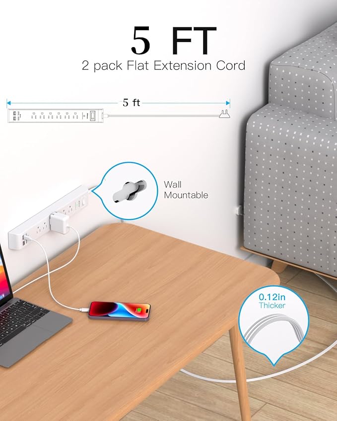 2 Pack Power Strip Surge Protector, Flat Plug Extension Cord with 4 USB Ports(2 USB-C) 6 AC Outlets, USB Charging Station, Wall Mountable for Home, Office, Dorm Essentials, 1080J, ETL Listed