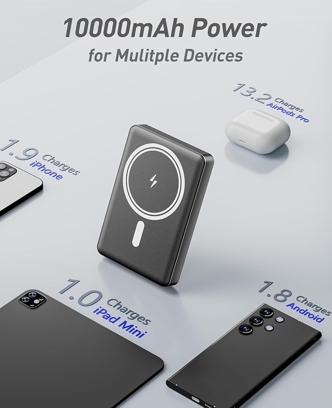 BBD Magsafe Portable Charger,10000mAh Magnetic Power Bank Fast Charging PD 20w with USB C Cable,Slim Magsafe Battery Pack Travel Essential,Wireless Power Bank for iphone 17/16/15/14/13/12 Series 1Pack